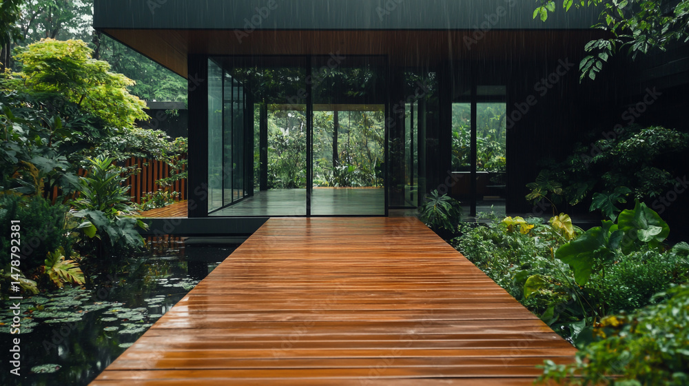 Fototapeta premium A wooden walkway leading to the entrance of an indoor garden in Thailand, rain falling on it, plants and trees lining both sides of the walking path