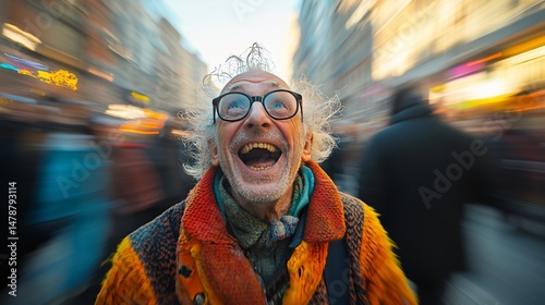 Elderly man experiencing the vibrancy of city life with joyful expression