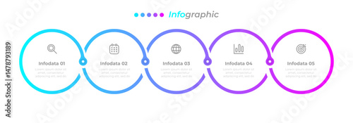 Vector timeline with 5 part infographic design with marketing icons and gradient colors.