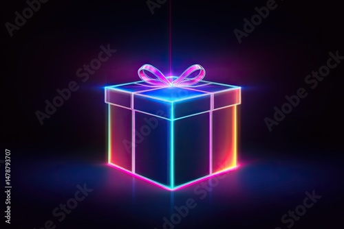 Neon gift box glows brightly in a dark scene.