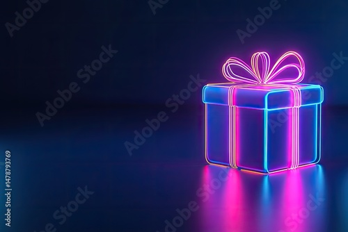 Neon gift box design against a dark backdrop.
