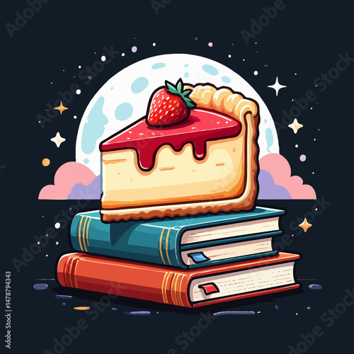 strawberry cheesecake on books under a glowing moonlit sky