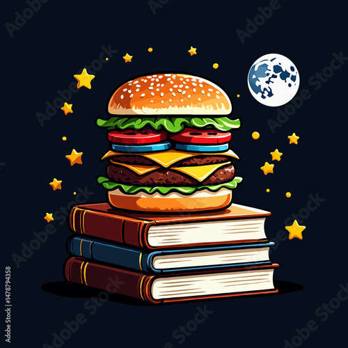 burger resting on books under a glowing moon