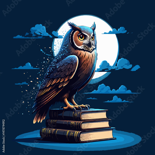 owl on books under the moon representing wisdom and knowledge in a mystical night