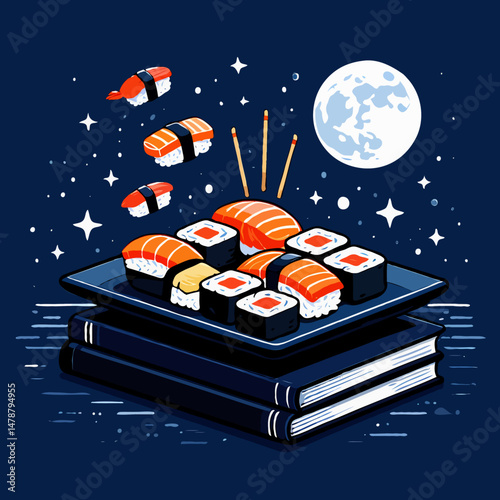 sushi plate on books under a moonlit sky culinary knowledge and tradition