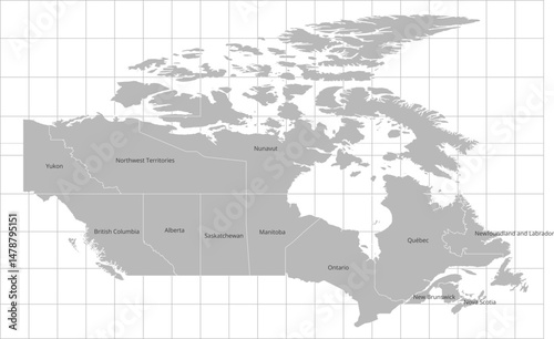 Canada administrative vector map with level 1 region names, boundaries and graticules (Compact Miller projection, 5 degree interval graticules,  PPT-compatible & fully editable)