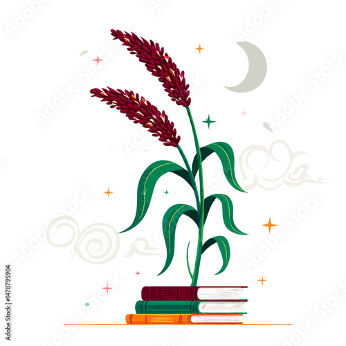 millet plant growing from books under a mystical night sky