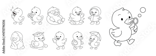 Cute Duck Outline for Kids Coloring Pages, Duck Blowing Bubbles, Splashing in a Puddle, Floating on Water