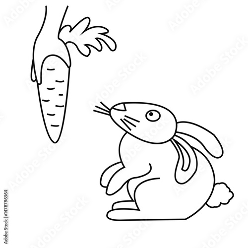 Hare, rabbit and carrot line art isolated on white background. Gift of the forest. Vector illustration