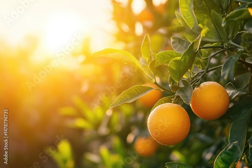 Ripe oranges hanging from branches of citrus trees in an orchard at sunset photo