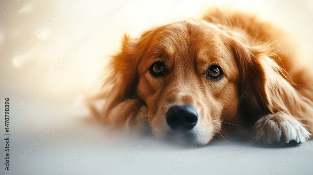 Fototapeta premium Golden retriever resting head, contemplating with gentle eyes