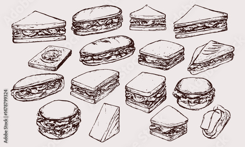 A hand-drawn illustration featuring a variety of sandwiches in different shapes and styles, sketched in brown ink on a light background, perfect for food art, menu design, and culinary inspiration
