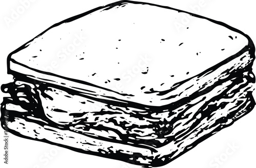 A black ink sketch of a square sandwich with a central hole, offering a unique twist on traditional sandwiches, great for creative food art and innovative menu ideas