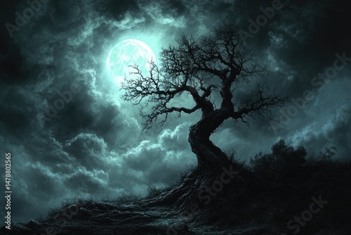 A gnarled, leafless tree stands silhouetted against a stormy, teal-toned night sky illuminated by a large, bright moon.