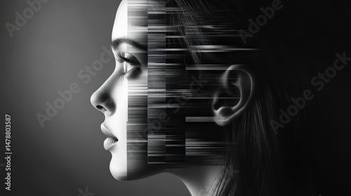 Monochrome portrait with data glitches evoking a futuristic aesthetic concept