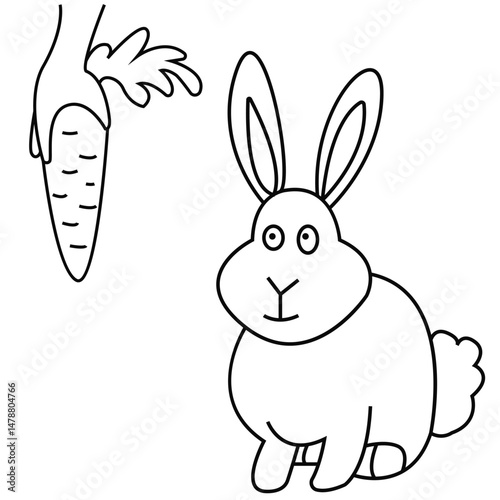 Hare, rabbit and carrot line art isolated on white background. Gift of the forest. Vector illustration