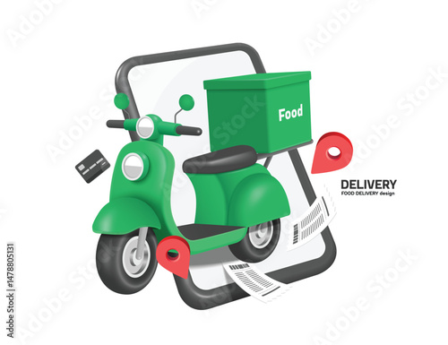 After customer confirms order on application on their mobile phone, a green motorcycle or scooter with rectangular-shaped box or bag at back is ready to food delivery to customer at specified location
