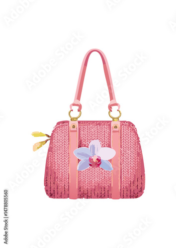 Women's handbag, pink, with strap, knitted with wool, square handle, orchid pattern. Think of vibrant prints from designers like Missoni or Etro, or the understated charm of a well-made linen or cotto