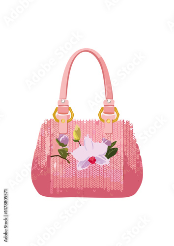 Women's handbag, pink, with strap, knitted with wool, square handle, orchid pattern. clutches exude sophistication. Their beauty lies in their clean lines, their often-architectural shapes