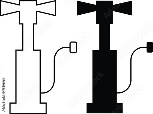 Air pump icons set trendy black line, flat styles. Bicycle or bike tube air feeler device symbols. Hand operated portable tire pump silhouette vectors illustration isolated on transparent background.