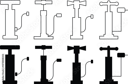 Air pump icons set trendy black line, flat styles. Bicycle or bike tube air feeler device symbols. Hand operated portable tire pump silhouette vectors illustration isolated on transparent background. photo
