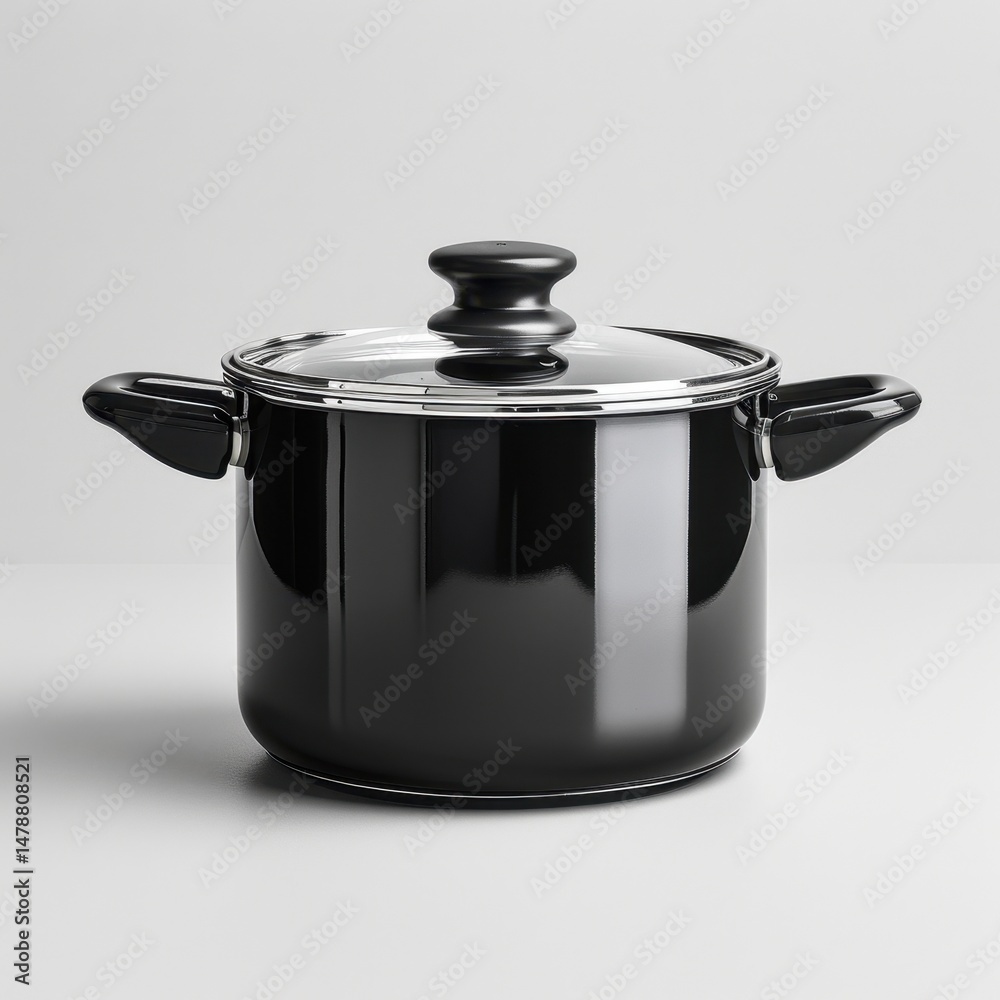 Sleek black cooking pot with lid on a white background. Sleek black cooking pot with lid on a white background.