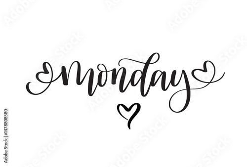 Monday hand-written script with hearts. Days of the week for stories, posts, scrapbooking and wall art. Journalling and planners. Vector design
