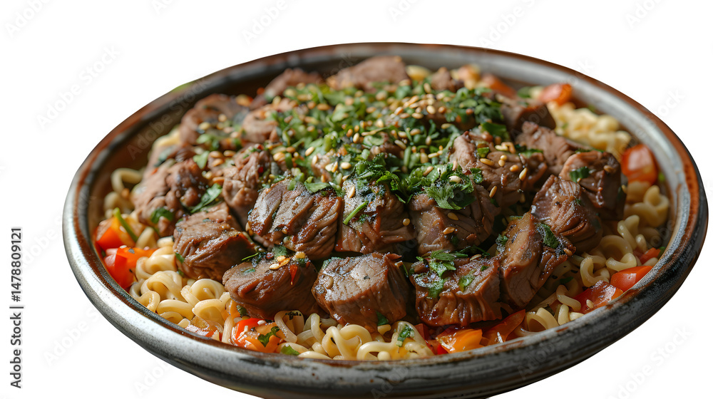 Kazakh beshbarmak with lamb and noodles on wide platter, stylized rare cutout Kazakh beshbarmak with lamb and noodles on wide platter, stylized rare cutout