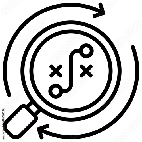 Analyze Plan - Magnifying glass over strategic route with arrows, symbolizing analysis and review of a tactical plan