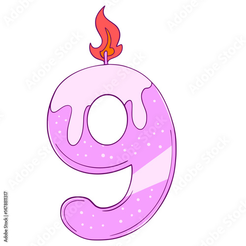 birthday candle number 9. A pink candle with a lit wick on top of a number 9