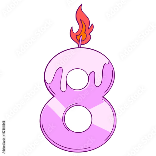 birthday candle number 8. A pink candle with a lit wick on top of a number 8