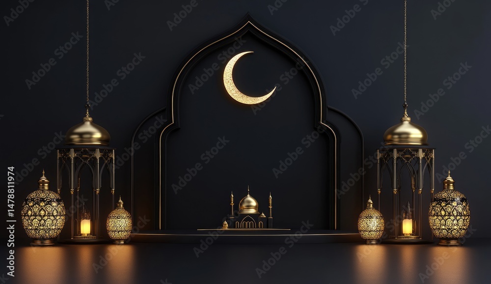 Fototapeta premium Dark, ornate Islamic backdrop. Crescent moon and mosque miniature, illuminated by lanterns