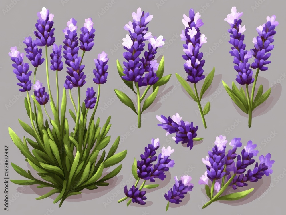 Fototapeta premium Artistic Lavender Arrangement on Gray Background with Delicate Purple and White Flowers and Green Leaves