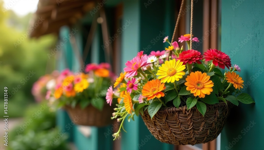 Fototapeta premium Rustic hanging baskets overflowing with colorful flowers , home decor, plants, summer
