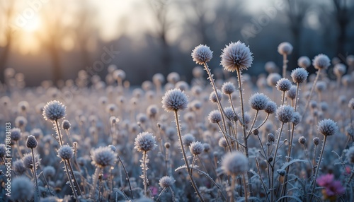 Frozen Icy Flowers in Winter Field Covered with Frost During Evening or Morning Generated with AI Design