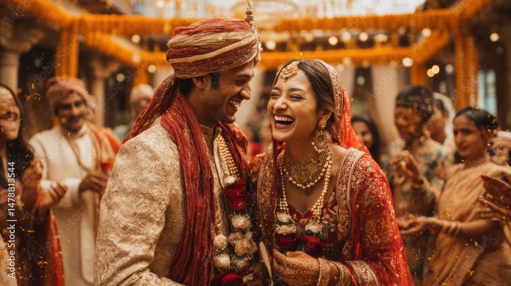 Obraz premium Joyful Indian Wedding Celebration With Dancing Couple is a commercial-quality stock image concept ideal for digital marketing, creative design, educational content, and modern visual storytelling.