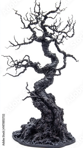 Twisted Black Tree Sculpture Against White Backdrop Close Up Studio Shot Horror Fantasy Halloween