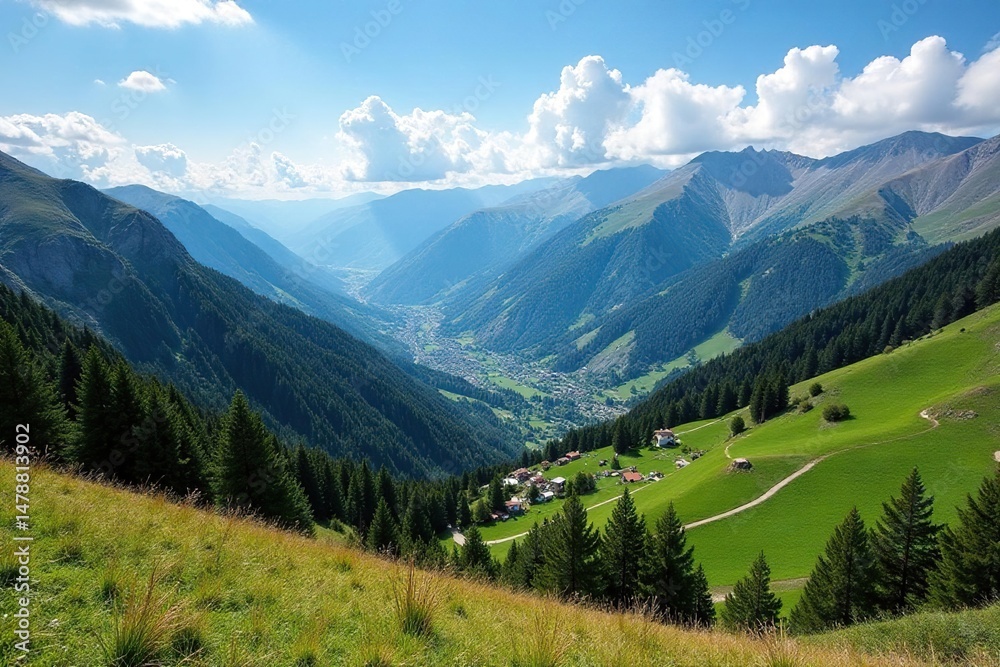 Fototapeta premium Panoramic view of Pyrenees mountains overlooking Andorra , horizon, mountain scenery