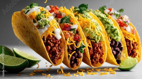 Delicious tacos with beef, avocado, and cheese.