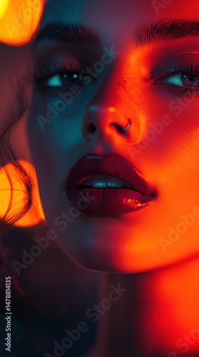 Close-up Portrait of Beautiful Woman with Red Lipstick under Dramatic Lighting in Studio Setting
