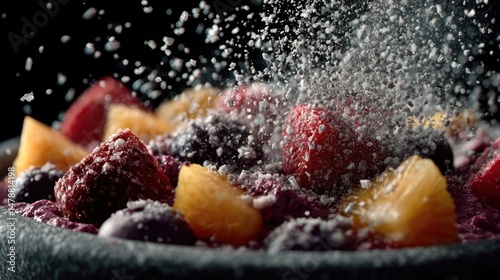 Bursting berries with a flurry of powdered sugar.