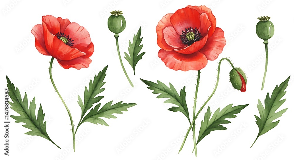 Obraz premium Watercolor Poppies: A Botanical Study in Vibrant Hues