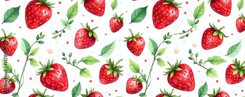 Watercolor strawberry branch seamless pattern Delicate, vibrant, summery design , wallpaper, textile
