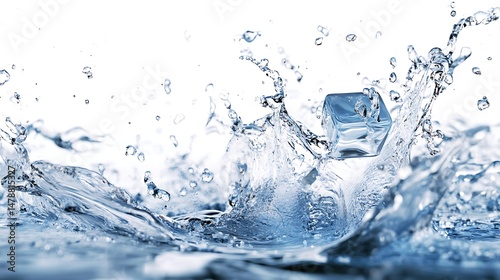Refreshing splash of water and ice cube demonstrating freshness and coolness on white