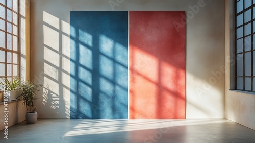 Modern, minimalist interior with vibrant color panels. Sunlight casts shadows through large windows