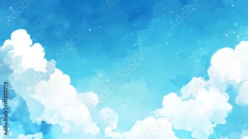 Serene Skyward View of Fluffy Clouds and Birds in Flight Watercolor Illustration Art Style Peaceful Atmosphere