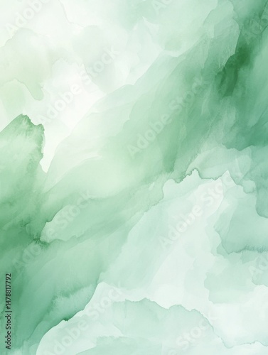 Abstract Watercolor Painting in Shades of Green and White with Soft Blends and Textures Artistic Background