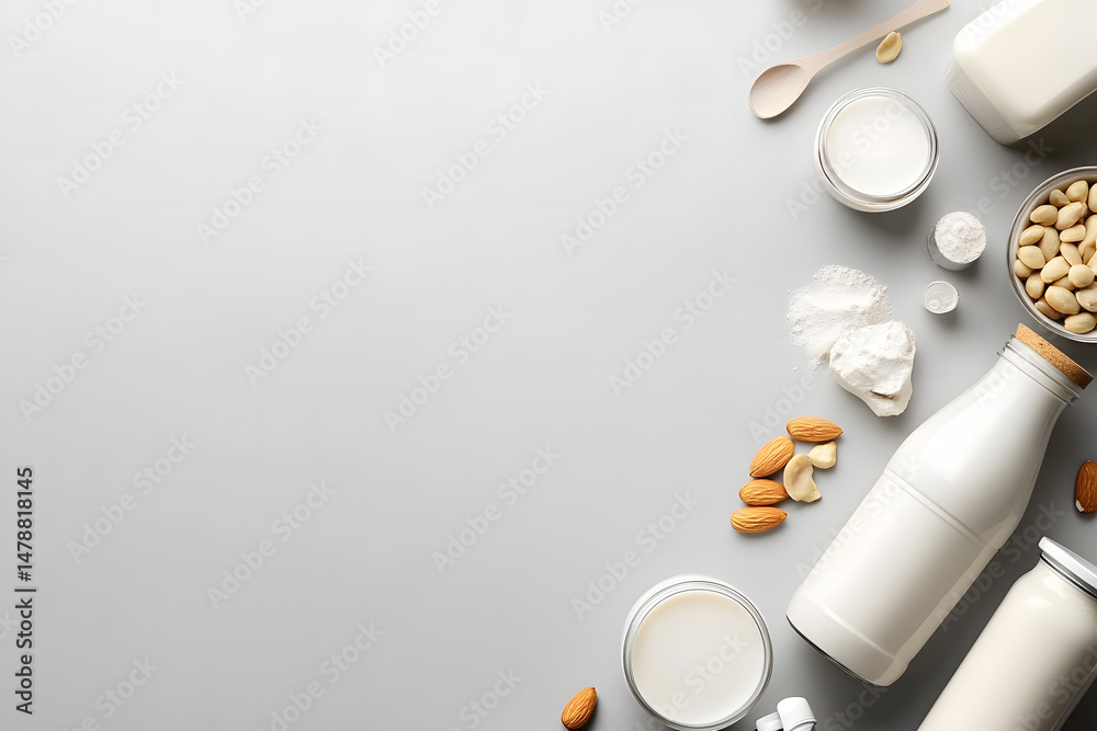 Almond Milk Ingredients Flat Lay Bottles, Flour, Nuts, Spoon on Gray Background Almond Milk Ingredients Flat Lay Bottles, Flour, Nuts, Spoon on Gray Background