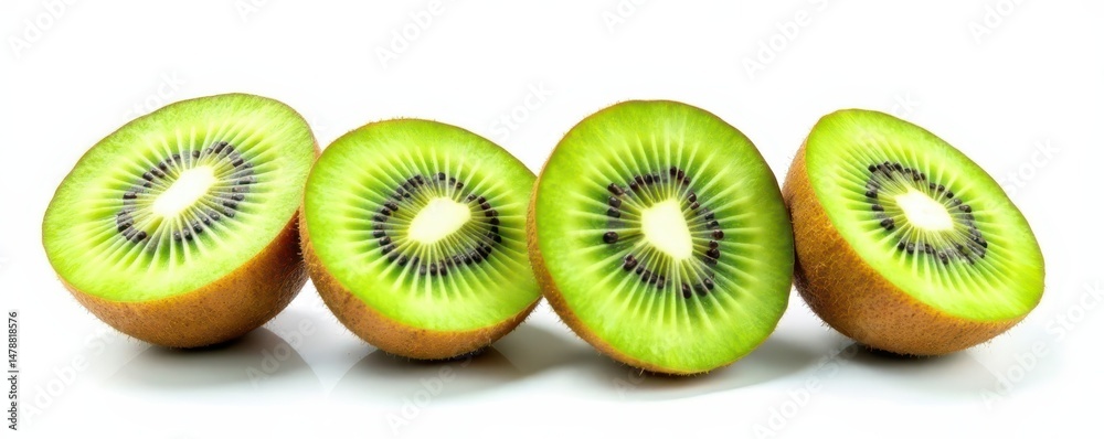 Fototapeta premium Watercolor kiwi fruit, whole & halves, white backdrop , background, nature
