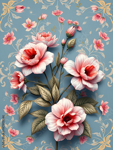 Beautiful Classic Floral Design Background with Blooming Flowers and Blue Colors